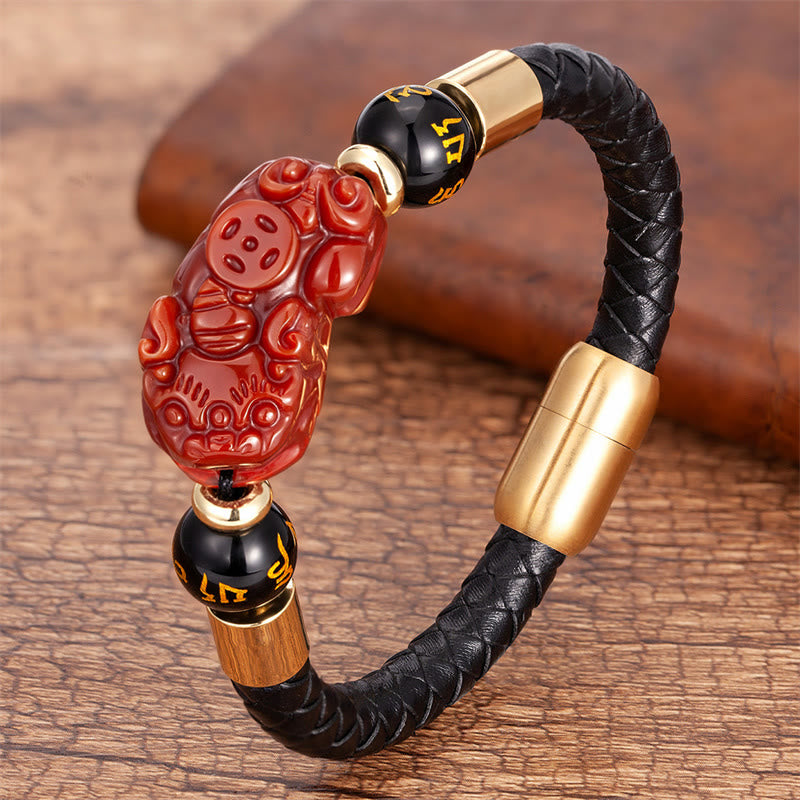 Bracelet en cuir avec Buddha Stones, œil de tigre, onyx noir, agate rouge, pièce de cuivre PiXiu, Om Mani Padme Hum - Agate rouge - 18-22 cm - image 10