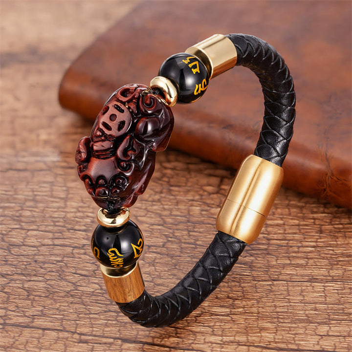 Bracelet en cuir avec Buddha Stones, œil de tigre, onyx noir, agate rouge, pièce de cuivre PiXiu, Om Mani Padme Hum - Œil de tigre rouge - 18-22 cm - image 12