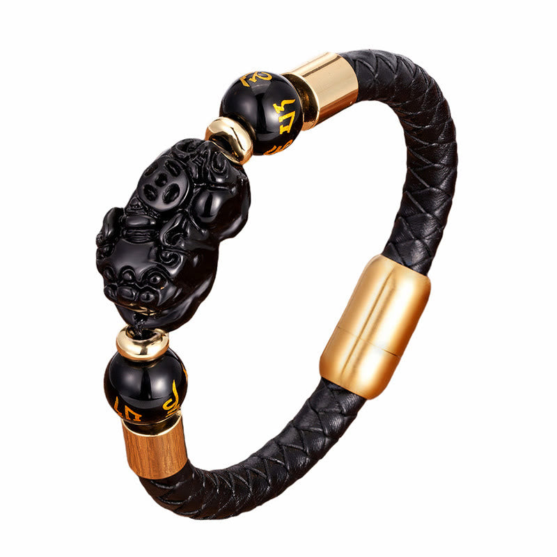 Bracelet en cuir avec Buddha Stones, œil de tigre, onyx noir, agate rouge, pièce de cuivre PiXiu, Om Mani Padme Hum - image 7