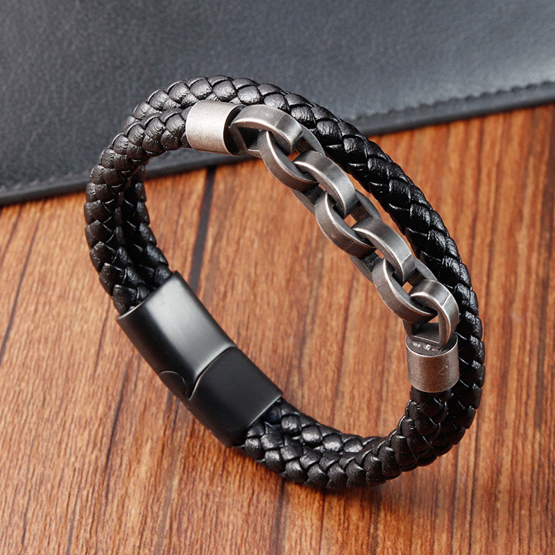 Bracelet à boucle tressée en cuir et acier titane avec Buddha Stones - Double couche (tour de poignet 17-19 cm) - image 0