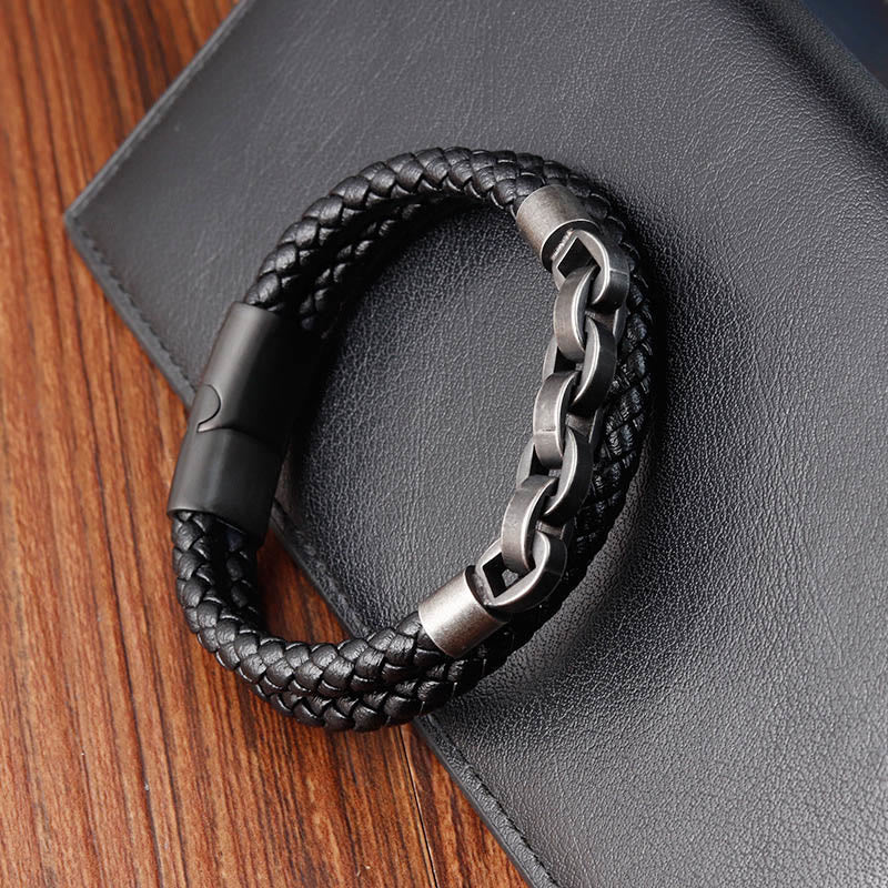 Bracelet à boucle tressée en cuir et acier titane avec Buddha Stones - image 3