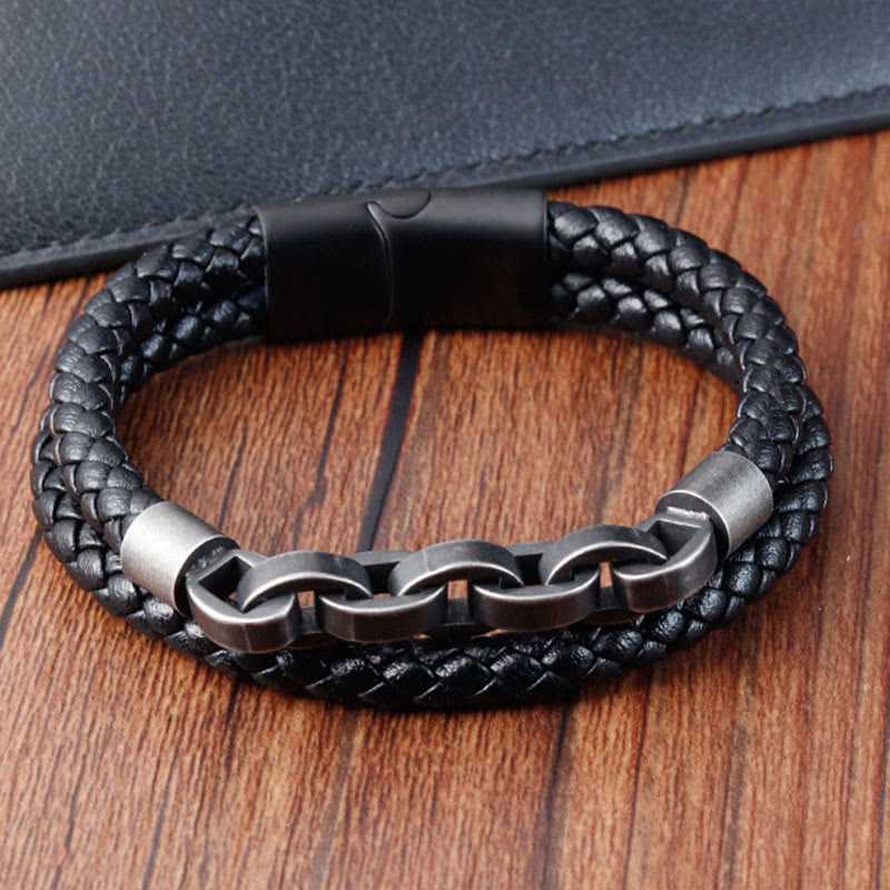 Bracelet à boucle tressée en cuir et acier titane avec Buddha Stones - image 1