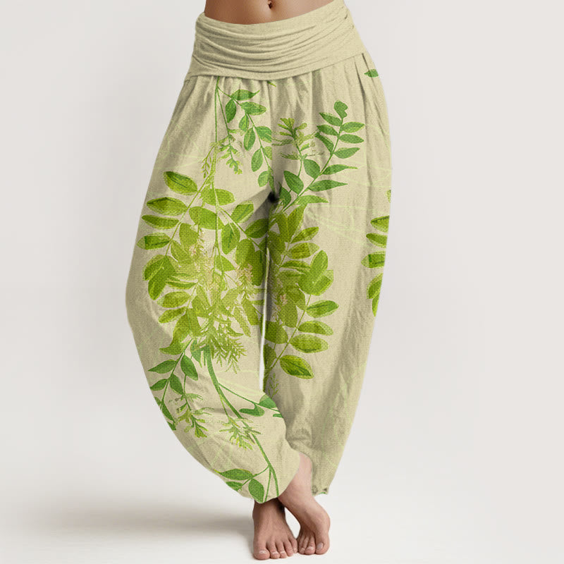 Pantalon harem à taille élastique pour femme, en coton, à Buddha Stones, de feuilles et de branches vertes. - Jaune d'or pâle - US22，UK/AU26，EU54 (6XL) - image 0