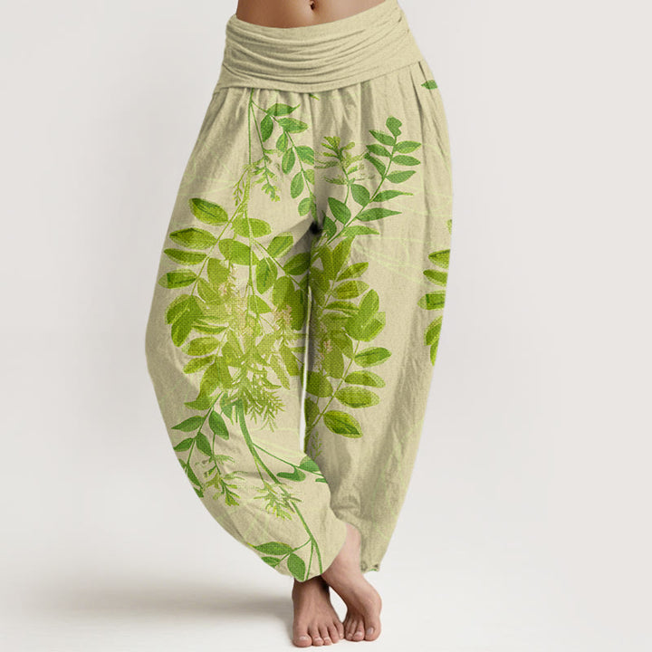 Pantalon harem à taille élastique pour femme, en coton, à Buddha Stones, de feuilles et de branches vertes. - Jaune d'or pâle - US22，UK/AU26，EU54 (6XL) - image 0