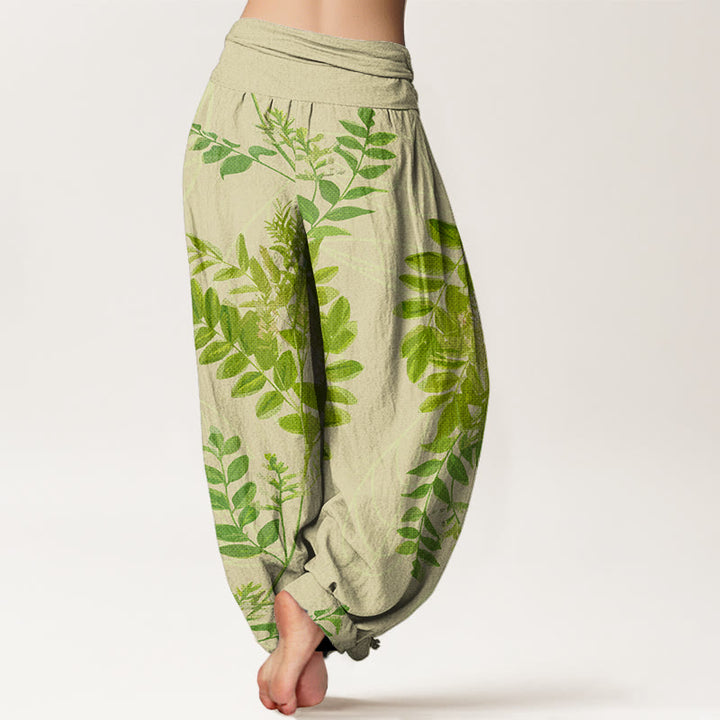 Pantalon harem à taille élastique pour femme, en coton, à Buddha Stones, de feuilles et de branches vertes. - image 1