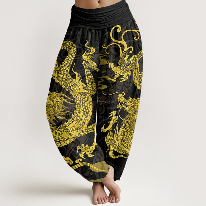 Pantalon sarouel à taille élastique pour femme Buddha Stones et dragon et nuages ​​de bon augure - Noir - US22，UK/AU26，EU54 (6XL) - image 1