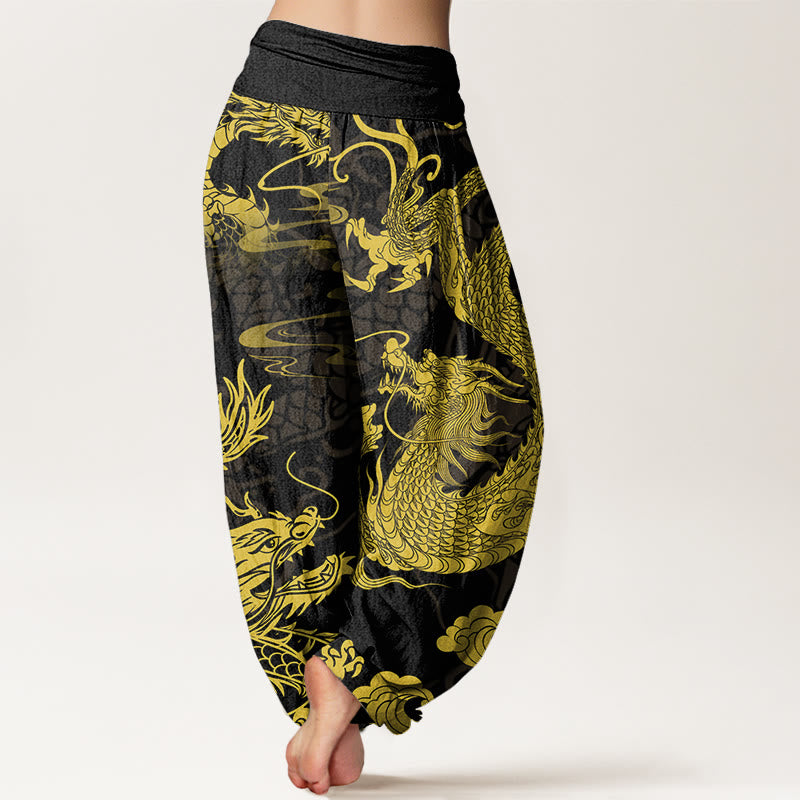 Pantalon harem à taille élastique pour femme, en coton, motif dragon et nuages ​​de bon augure , Buddha Stones - image 1