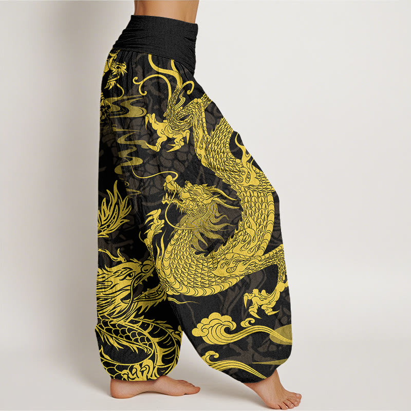 Pantalon sarouel à taille élastique pour femme Buddha Stones et dragon et nuages ​​de bon augure - image 3
