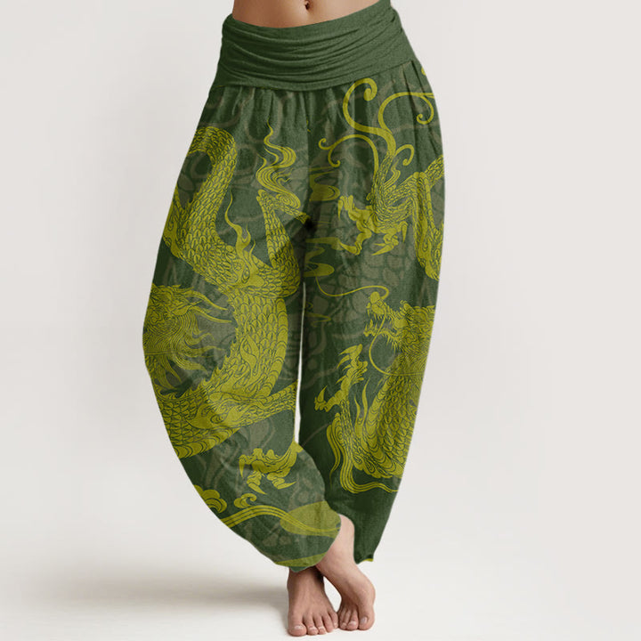 Pantalon harem à taille élastique pour femme, en coton, motif dragon et nuages ​​de bon augure , Buddha Stones - Vert olive foncé - US22，UK/AU26，EU54 (6XL) - image 4