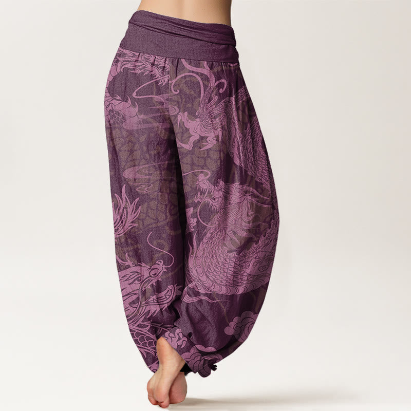Pantalon sarouel à taille élastique pour femme Buddha Stones et dragon et nuages ​​de bon augure - image 9