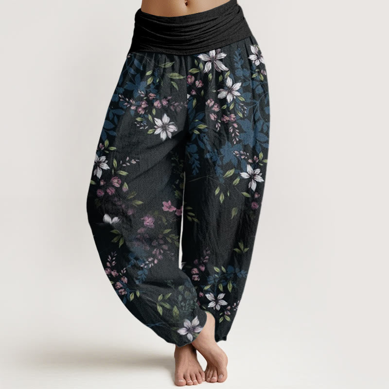 Pantalon Buddha Stones taille élastique pour femme avec petites fleurs blanches et feuilles vertes - Noir - US22，UK/AU26，EU54 (6XL) - image 0