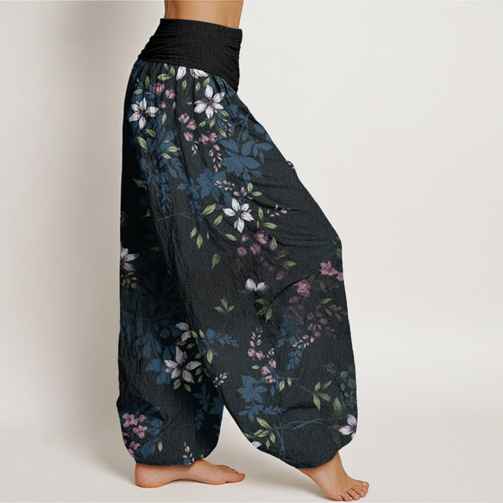 Pantalon harem pour femme, taille élastique, en coton, à petits Buddha Stones, de fleurs blanches et de feuilles vertes - image 2