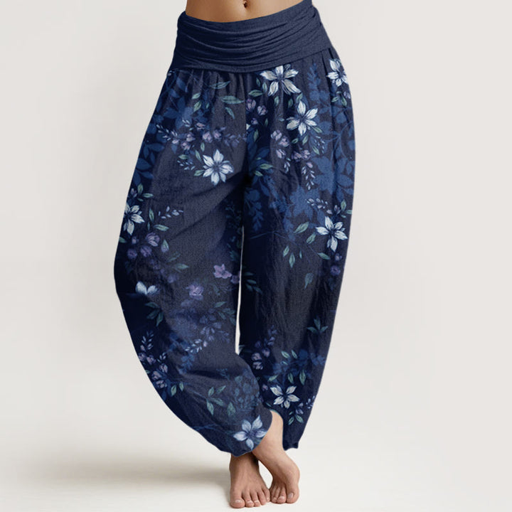 Pantalon harem pour femme, taille élastique, en coton, à petits Buddha Stones, de fleurs blanches et de feuilles vertes - Bleu nuit - US22，UK/AU26，EU54 (6XL) - image 4
