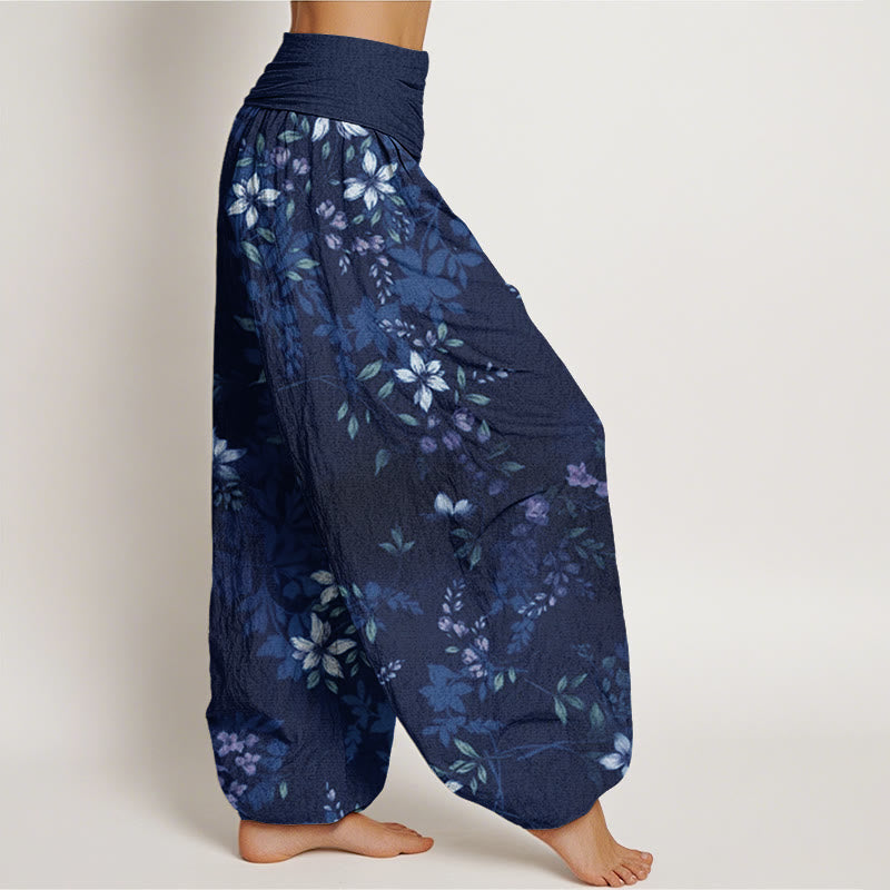 Pantalon Buddha Stones taille élastique pour femme avec petites fleurs blanches et feuilles vertes - image 7