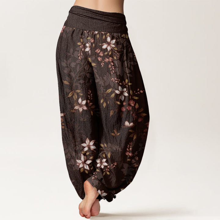 Pantalon Buddha Stones taille élastique pour femme avec petites fleurs blanches et feuilles vertes - image 9