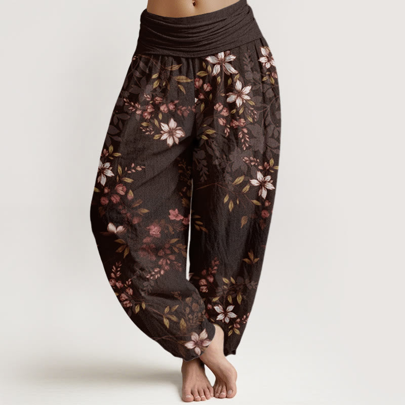 Pantalon harem pour femme, taille élastique, en coton, à petits Buddha Stones, de fleurs blanches et de feuilles vertes - SaddleBrown - US22，UK/AU26，EU54 (6XL) - image 7