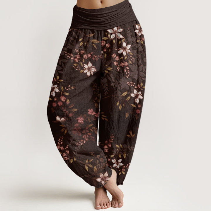 Pantalon harem pour femme, taille élastique, en coton, à petits Buddha Stones, de fleurs blanches et de feuilles vertes - SaddleBrown - US22，UK/AU26，EU54 (6XL) - image 7