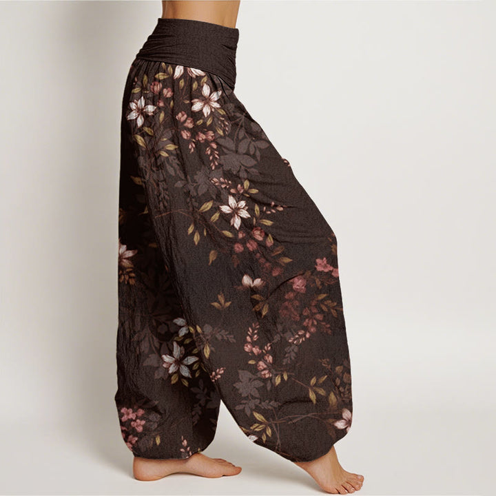 Pantalon harem pour femme, taille élastique, en coton, à petits Buddha Stones, de fleurs blanches et de feuilles vertes - image 9