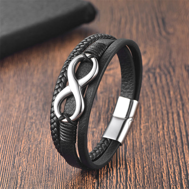 Bracelet en cuir calme avec boucle en acier titane et Buddha Stones, symbole de l'infini, nœud éternel et sans fin