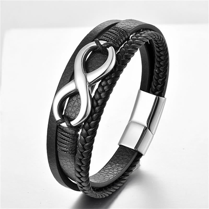 Bracelet en cuir calme avec boucle en acier titane et Buddha Stones, symbole de l'infini, nœud éternel et sans fin