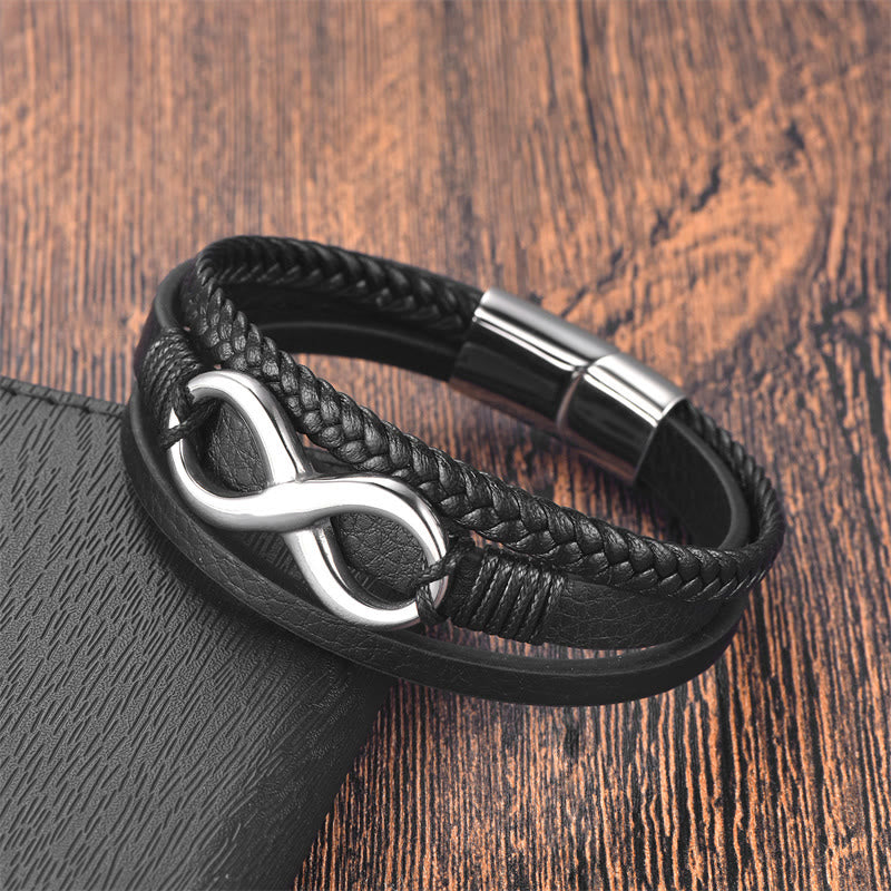 Bracelet en cuir calme avec boucle en acier titane et Buddha Stones, symbole de l'infini, nœud éternel et sans fin