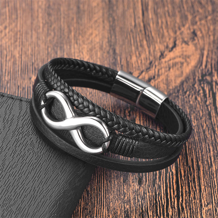 Bracelet en cuir calme avec boucle en acier titane et Buddha Stones, symbole de l'infini, nœud éternel et sans fin