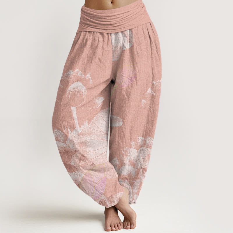 Pantalon sarouel taille élastique pour femme Buddha Stones et lotus rose et blanc - Saumon foncé - US22，UK/AU26，EU54 (6XL) - image 1