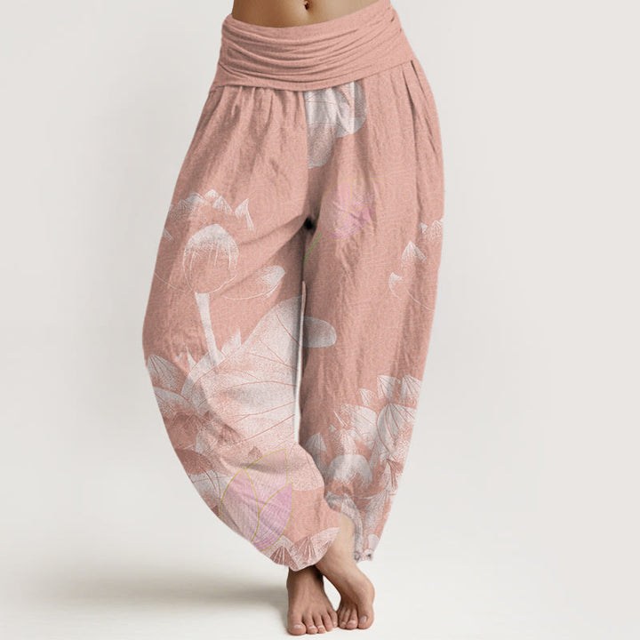 Pantalon sarouel taille élastique pour femme Buddha Stones et lotus rose et blanc - Saumon foncé - US22，UK/AU26，EU54 (6XL) - image 1