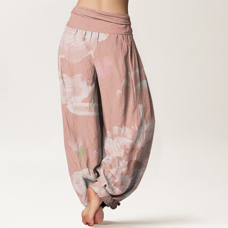Pantalon sarouel taille élastique pour femme Buddha Stones et lotus rose et blanc - image 2