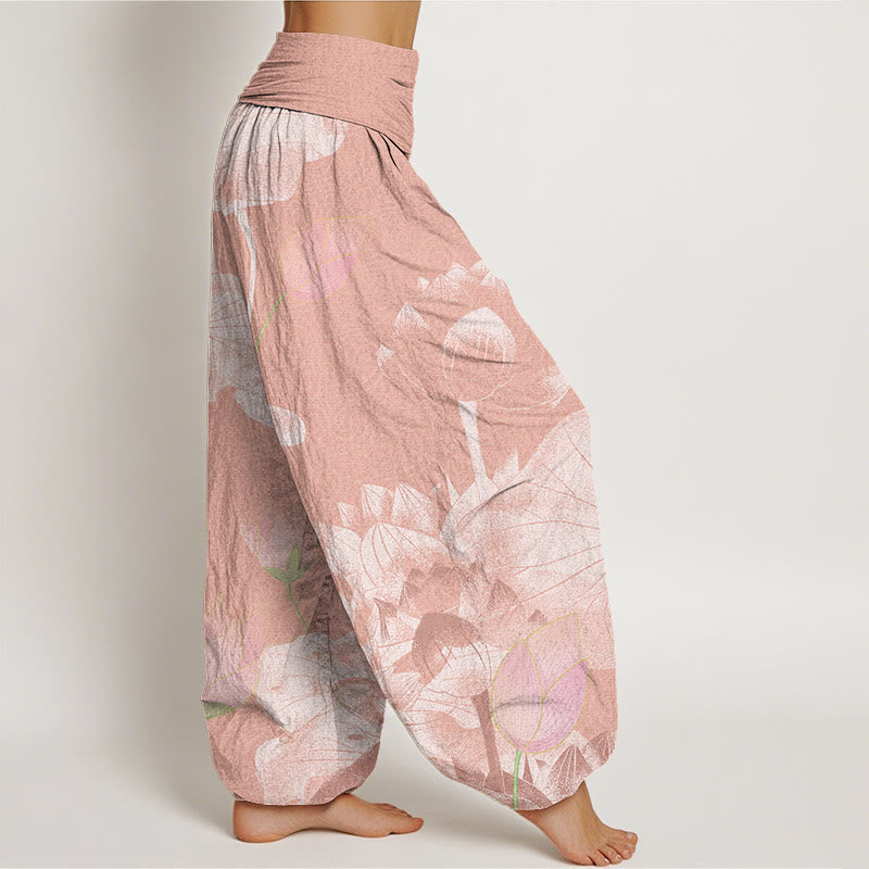 Pantalon sarouel taille élastique pour femme Buddha Stones et lotus rose et blanc - image 3