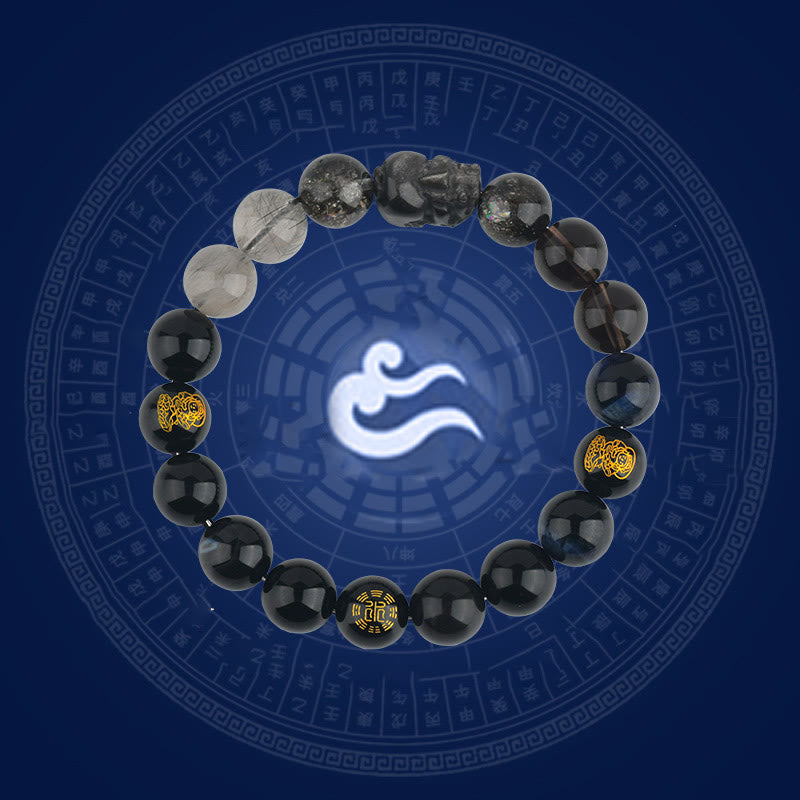 Bracelet de richesse Pixiu en Buddha Stones et cinq éléments en cristal varié