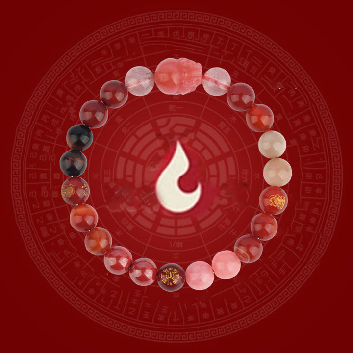 Bracelet de richesse Pixiu en Buddha Stones et cinq éléments en cristal varié