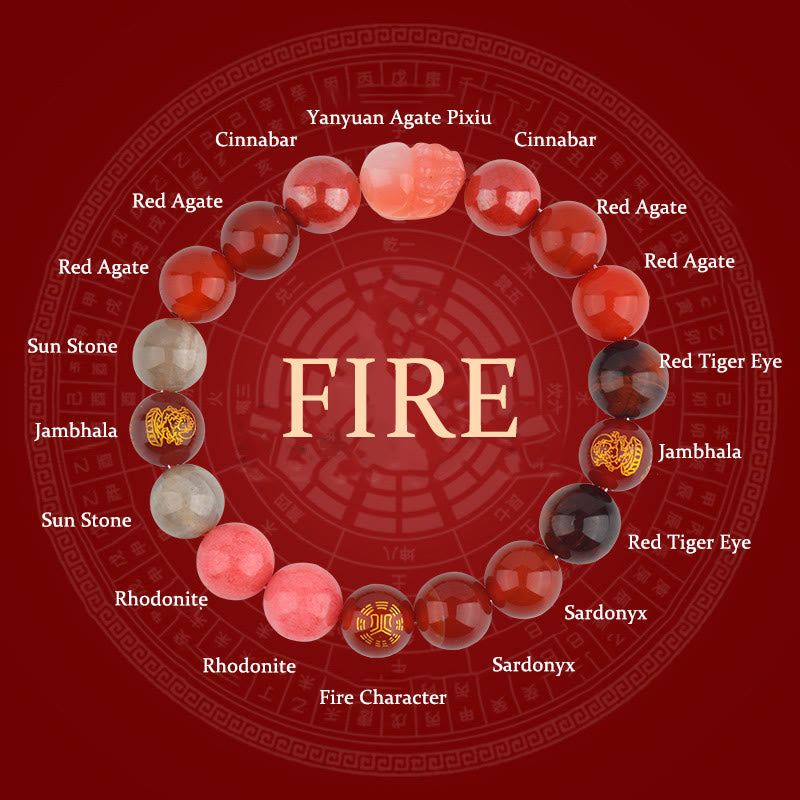 Bracelet de richesse Pixiu en Buddha Stones et cinq éléments en cristal varié - Feu (Tour de poignet : 14-16 cm) - 12 mm - image 21