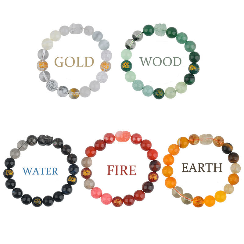 Bracelet de richesse Pixiu en Buddha Stones et cinq éléments en cristal varié
