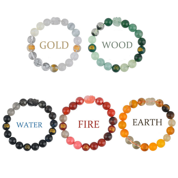 Bracelet de richesse Pixiu en Buddha Stones et cinq éléments en cristal varié