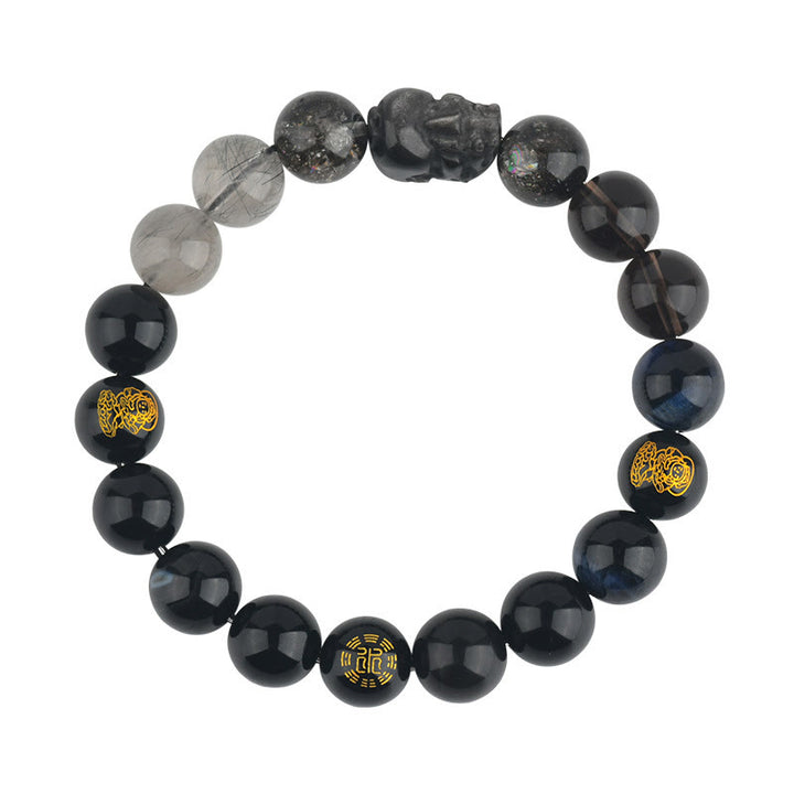 Bracelet de richesse Pixiu en Buddha Stones et cinq éléments en cristal varié