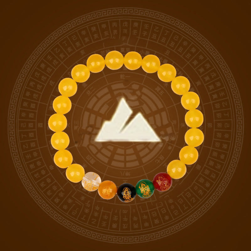 Bracelet porte-bonheur Jambhala en Buddha Stones et cinq éléments en agate