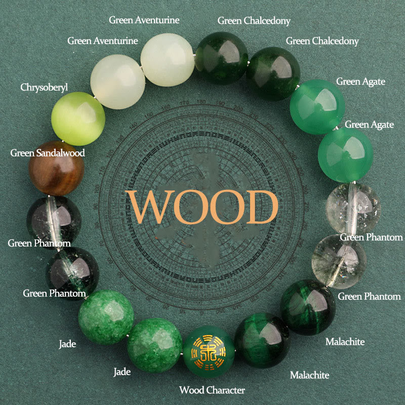 Bracelet porte-bonheur en Buddha Stones, cinq éléments, agate variée - Bois (Tour de poignet : 14-16 cm) - 12 mm - image 12