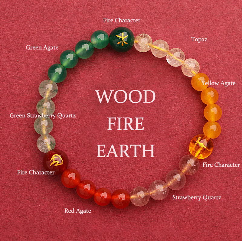Bracelet de sagesse en pierre de soleil Buddha Stones et cinq éléments en cristal d'agate - Wood Fire Earth (Tour de poignet : 14-16 cm) - 6 mm - image 44
