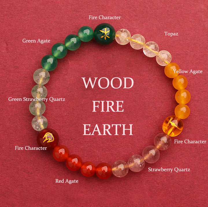 Bracelet de sagesse en pierre de soleil Buddha Stones et cinq éléments en cristal d'agate - Wood Fire Earth (Tour de poignet : 14-16 cm) - 6 mm - image 44
