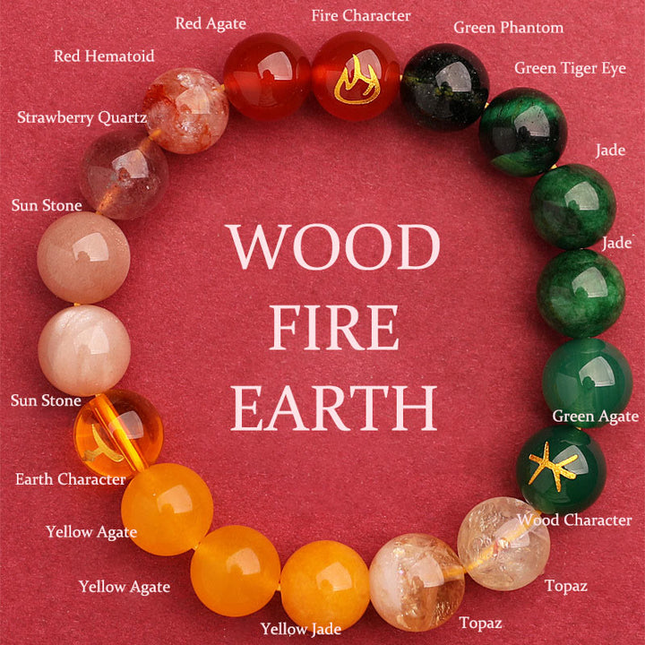 Bracelet de sagesse en pierre de soleil Buddha Stones et cinq éléments en cristal d'agate - Wood Fire Earth (Tour de poignet : 14-16 cm) - 12 mm - image 38