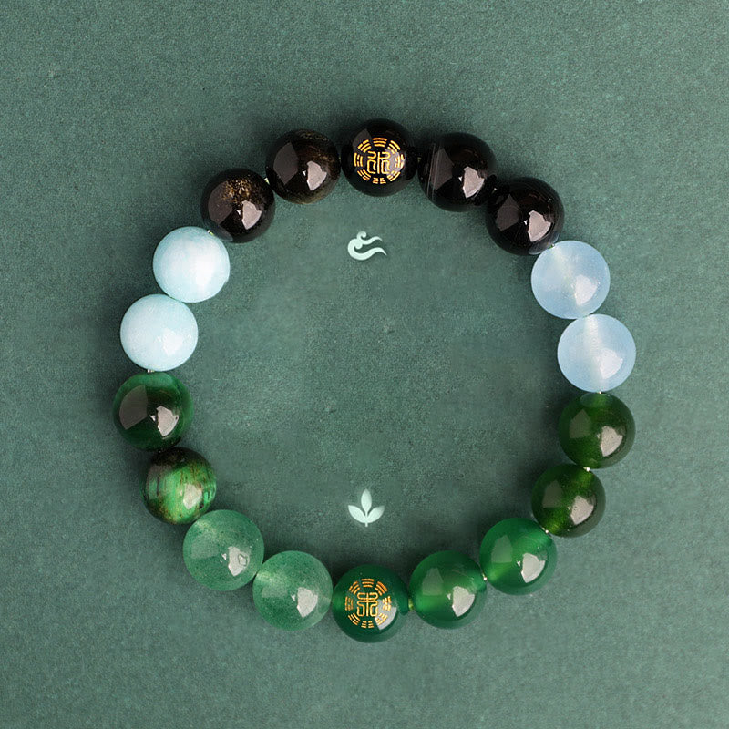 Buddha Stones Bracelet de sagesse en agate, cristal, onyx noir, calcédoine verte et aigue-marine, composé de cinq éléments. - image 1