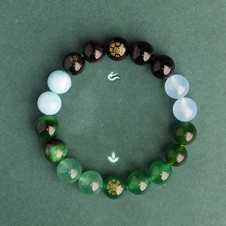 Buddha Stones Bracelet de sagesse en agate, cristal, onyx noir, calcédoine verte et aigue-marine, composé de cinq éléments. - image 1
