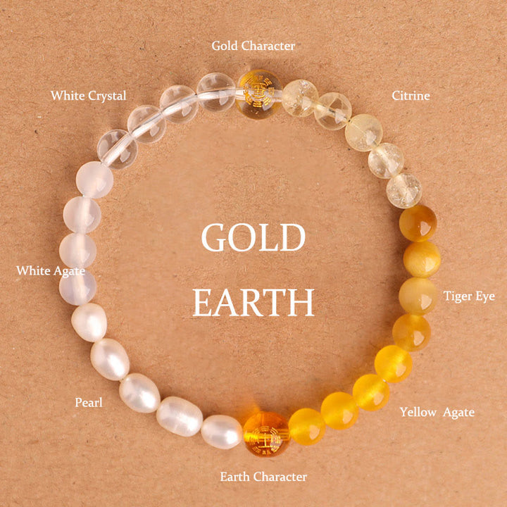 Buddha Stones Bracelet de sagesse en agate, cristal, onyx noir, calcédoine verte et aigue-marine, composé de cinq éléments. - Gold Earth (Tour de poignet : 14-16 cm) - 6 mm - image 27