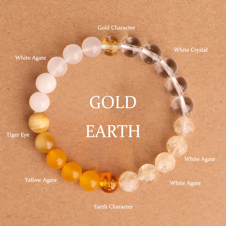 Buddha Stones Bracelet de sagesse en agate, cristal, onyx noir, calcédoine verte et aigue-marine, composé de cinq éléments. - Gold Earth (Tour de poignet : 14-16 cm) - 8 mm - image 29