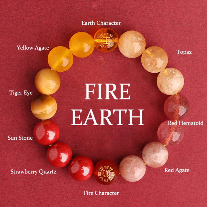 Buddha Stones Bracelet de sagesse en agate, cristal, onyx noir, calcédoine verte et aigue-marine, composé de cinq éléments. - Fire Earth (Tour de poignet : 14-16 cm) - 12 mm - image 41