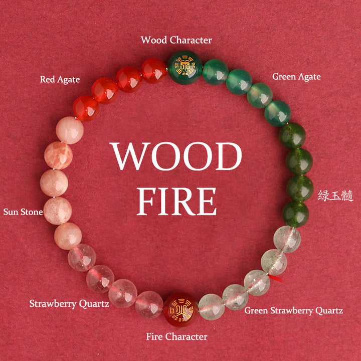 Buddha Stones Bracelet de sagesse en agate, cristal, onyx noir, calcédoine verte et aigue-marine, composé de cinq éléments. - Feu de bois (Tour de poignet : 14-16 cm) - 6 mm - image 45
