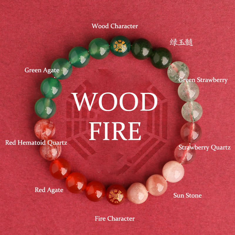 Buddha Stones Bracelet de sagesse en agate, cristal, onyx noir, calcédoine verte et aigue-marine, composé de cinq éléments. - Feu de bois (Tour de poignet : 14-16 cm) - 8 mm - image 47