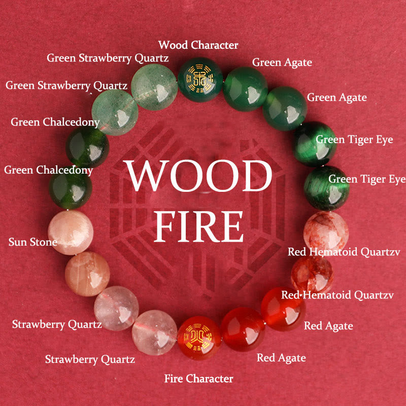 Buddha Stones Bracelet de sagesse en agate, cristal, onyx noir, calcédoine verte et aigue-marine, composé de cinq éléments. - Feu de bois (Tour de poignet : 14-16 cm) - 10 mm - image 49