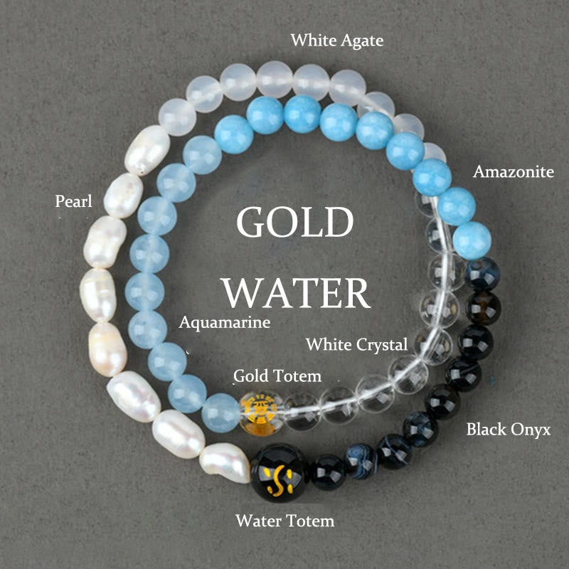 Buddha Stones Cinq éléments Divers cristal d'agate Perle Onyx noir Agate blanche Cristal blanc Bracelet porte-bonheur - Gold Water (Tour de poignet : 14-16 cm) - image 0